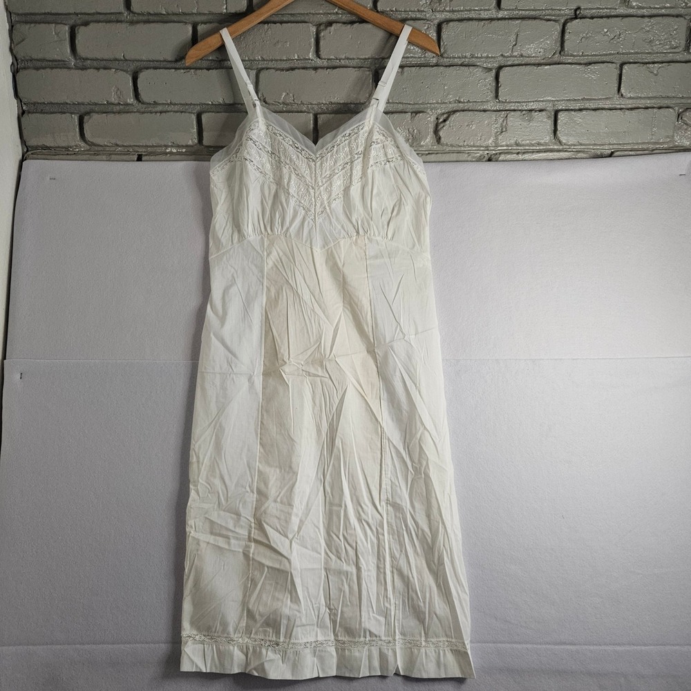 Vtg Penneys Adonna White Lace Trim Full‎ Slip Nightgown Cotton Blend 36 Tall 60s